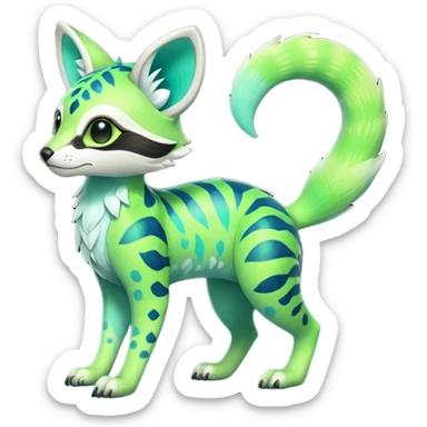Rare realistic iridescent neon lime-green & cyan gradients lush tropical exotic cute epic pretty beautiful handsome gorgeous aesthetic colorful vibrant Vernid-Protogen-Primagen-Wickerbeast-Genet-Trico-species-Fakemon-hybrid-creature by LiLaiRa, beautiful intricate markings, full body sticker