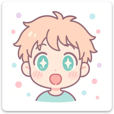 anime themed emoji of a boy, surprised face, wide open eyes, messy hair, energetic vibe sticker