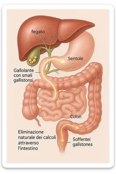 A realistic, educational medical illustration showing the human digestive tract focusing on the liver, gallbladder, bile ducts, and intestines. The gallbladder is depicted with small gallstones inside. A soft glowing arrow indicates the flow of bile and small stones moving naturally from the gallbladder through the bile ducts into the intestines. In the colon, small softened gallstones are shown being prepared for elimination, symbolizing their removal through bowel movements. The style is clean, precise, and clear with soft anatomical colors (greens, soft reds, and yellows) and faint glowing arrows to illustrate the process. The background is a subtle neutral gradient to keep the focus on the organs and the pathway. The image conveys the concept of natural gallstone elimination through the intestines via the stool in a clear, non-graphic, and educational way in italiano sticker