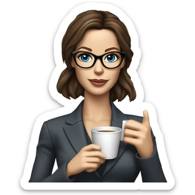 Lifelike model Kate Beckinsale blue eyes wearing glasses in a business dress drinking a cup of tea  sticker