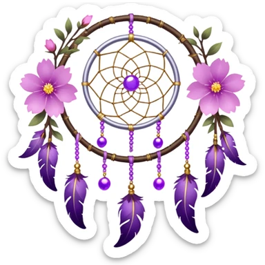 A silver-framed Dreamcatcher. with purple-round-orbs, gold-rings hanging down. purple flowers, pink sakura flowers, sticker