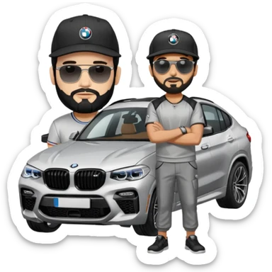 A man with black hair and beard standing next to his silver grey BMW X4 M competition with sunglasses and a black baseball cap on sticker