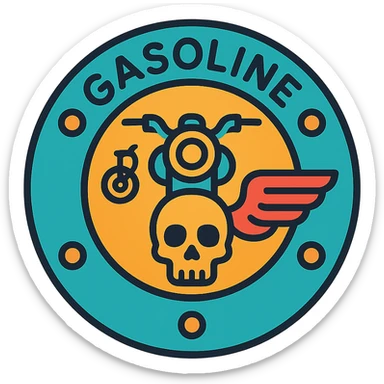 circular motorcycle gas cap design, transparent background, text 'GASOLINE', motif: motorcycle, wing, skull, iconic style sticker