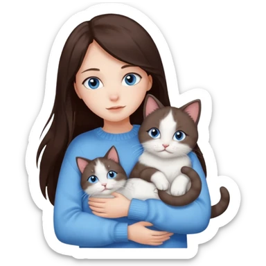 a girl with long dark 
brown hair, with blue eyes, in a
white sweater, hugs 3 different natural coloured cats sticker