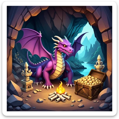 Dragon lair in a mountain cave with treasure piles and bones sticker