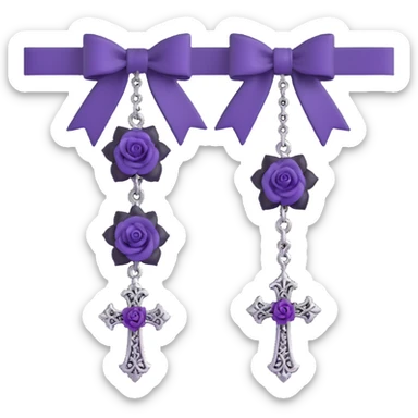 gothic earrings with black velvet bows, silver cross pendants, purple rose accents, ornate and dark, matching the choker sticker