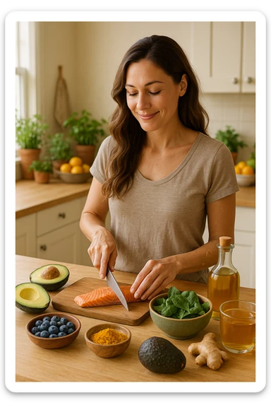Donna tra i 30 e i 40 anni in una cucina luminosa, serena e sorridente, mentre prepara un pasto a base di cibi antinfiammatori: avocado, mirtilli, salmone selvaggio, verdure a foglia verde, olio d’oliva, curcuma. Il piano cucina è ordinato, ricco di colori naturali. Sullo sfondo: erbe fresche, frutta, una tisana allo zenzero. La donna appare in forma, rilassata e consapevole delle sue scelte. Atmosfera calda e armoniosa, luce naturale. Stile realistico, tono positivo e ispirazionale sticker