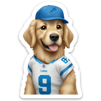 Golden retriever wearing Detroit Lions jersey sticker