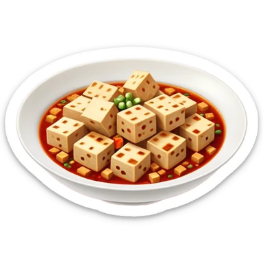 Sichuan mapo tofu spicy red dish with tofu cubes, simplified emoji style with bold outlines and bright colors, cartoon style Chinese tofu dish sticker