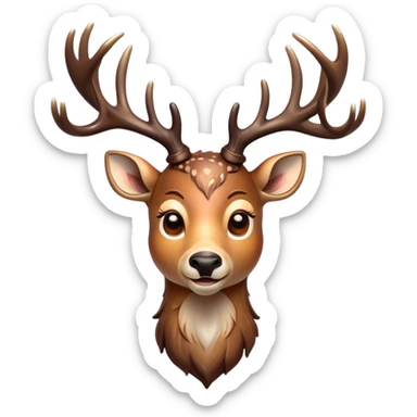 Cinematic Comical Deer Portrait Emoji, Head tilted dramatically with an exaggeratedly amused expression, featuring a sleek dappled Fur and whimsically contorted antlers, wide, expressive eyes filled with playful disbelief, Simplified yet hilariously expressive features, highly detailed, glowing with a slightly sassy glow, high shine, dramatic yet playful, stylized with an air of cheeky woodland mischief, bright and endearing, soft glowing outline, capturing the essence of a spirited and over-the-top deer, so meme-worthy it feels like it could side-eye its way into forest folklore instantly! sticker