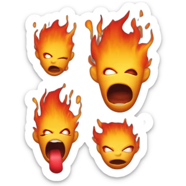a cartoonish yellow-orange figure with a dome-shaped body, engulfed in orange and red flames at the top, with large dark eyes and a slightly open mouth showcasing a red tongue sticker