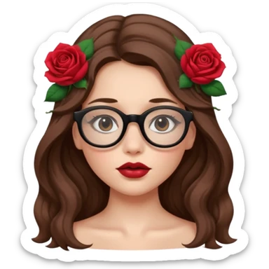 Una ragazza con capelli castani mossi e lunghi e indossi occhiali neri e con una piccola rosa nella testa. Le labbra devono essere color carne, senza rossetto sticker