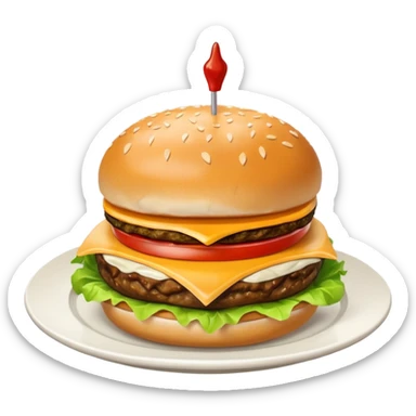 i want a Cheeseburger and Fries with a angle to 15–20° gentle bird’s-eye angle with 2white and red Sause on white plate  sticker
