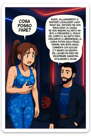 ispirati a questo stile di disegno e fai questa immagine in versione manga/webtoon a colori, il manga mostra la donna preoccupata che chiede: "COSA POSSO FARE?" E L'UOMO CHE RISPONDE: Busti, allungamenti o rinforzi localizzati lavorano sul sintomo ma non risolvono la causa. Se non insegni all’arto inibito a prendersi il peso del corpo e all’arto in sovraccarico a liberarsene, la curva potrà solo peggiorare; non resta uguale. Commenta con scoliosi e ti mando un esempio del lavoro da fare per recuperare simmetria ed eliminare il dolore. sticker