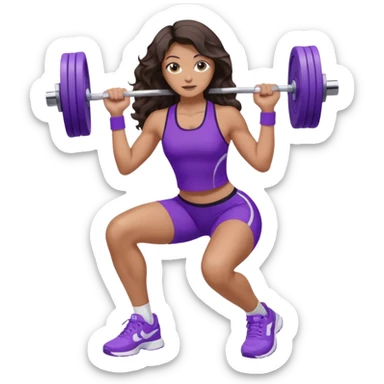 mujer de tez trigueña, con cabello castaño oscuro ondulado con pequeñas ondas, con el cabello super largo hasta las rodillas estilizado, con ropa deportiva morada/lila, tenis blancos deportivos y levantando una pesa sticker