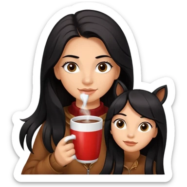 Tanned Girl with lashes , bright black long hair, in an extremely big fluffy brown mustang, and drinking hot chocolate drink sticker