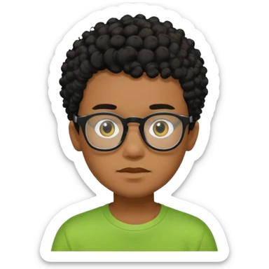 Menino pardo com cabelo curto cacheado preto raspado dos lados, de óculos preto quadrado e blusa verde e amarela sticker