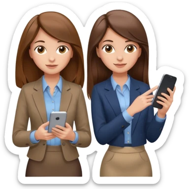two brown haired girls, looking professional maybe leaned back on back and looking forward and using phones, with longer hair and with some cute clothes without ties, blowout hair, one girl can hold lap top athoer one can hold the phone sticker