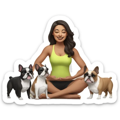 latin woman with long dark brown hair expressing joy dressed in a yoga outfit alongside two french bulldogs sticker