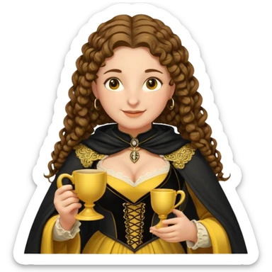 Helga Hufflepuff, brown-haired, 2 curly thick brown braids, yellow-black medieval dress, black cloak decorated with gold lace, tiny two-handled shiny yellow-gold cup, very kind smile, curvy busty sweet woman, thick rosy cheeks sticker