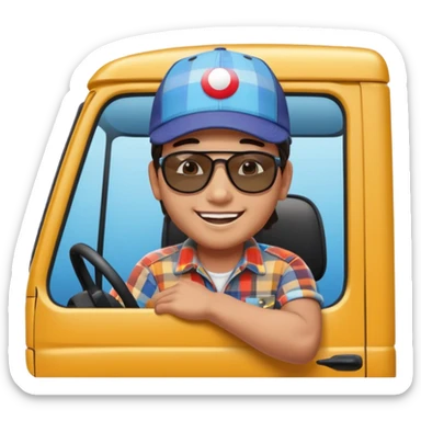 Cute emoji style illustration of a Peruvian truck driver, smiling young “chofercito carretero”, wearing baseball cap, sunglasses, plaid shirt, leaning out of a Hino 500 truck window, vibrant colors, bold outlines, glossy 3D emoji style, sticker design, transparent background sticker