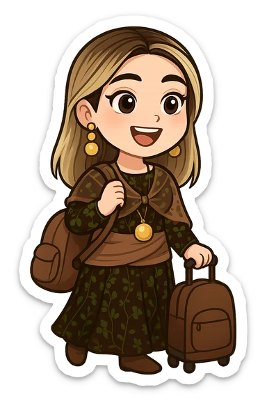 Kurdish cartoon sticker of the same woman in the new dress, ready for travel, holding a suitcase or backpack, excited expression, no text, transparent background sticker