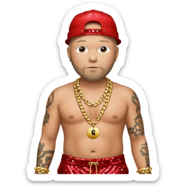 Fred Durst with red sequin baggy pants, shirtless with necklace sticker