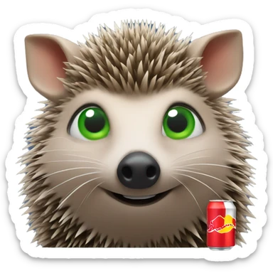 Hedgehog with green eyes and a Red Bull energy drink  sticker