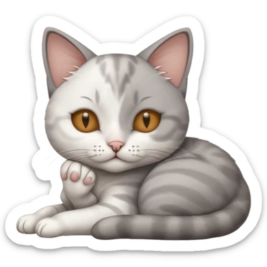 grey and white small cat with its eyes closed lying down with its head resting own paw sticker