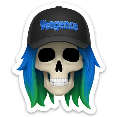 Create a skeleton head wearing a black baseball cap that says "Vengeance" in blue lettering, with long blue and green hair sticker