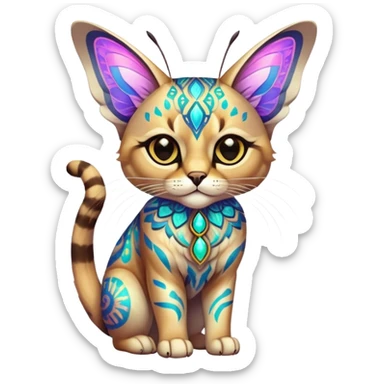Colorful Neon exotic ethereal iridescent tropical shiny Fantasy-Siamese-Bobcat-Caracal-Moth-Scottish-Fold-feline-Fakémon-feline-hybrid (full body) sticker