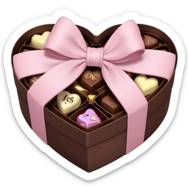 pale pink heart box, pale pink bow, filled with chocolates inside sticker
