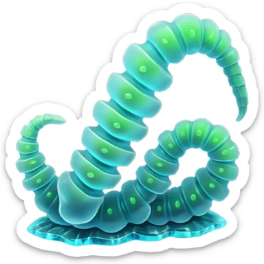 3D render of Crystal Cave Worms, bioluminescent deep sea style, glowing neon blue and green lights, dark background to contrast the glow, translucent organic textures. sticker