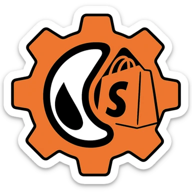 Add a Shopify bag icon to the logo, keeping the original style and colors, with a transparent background. The style of the logo should be preserved exactly as in the reference image. sticker