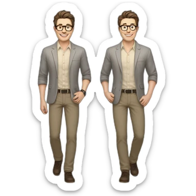 Joyful Full height Pale skinned Fit Man With dark brown hair in gray jacket, beige office shirt, Brown pants and vintage glasses. His thrumbs up sticker