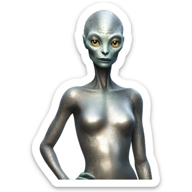 a reptilian alien woman full body, in silver dress sticker