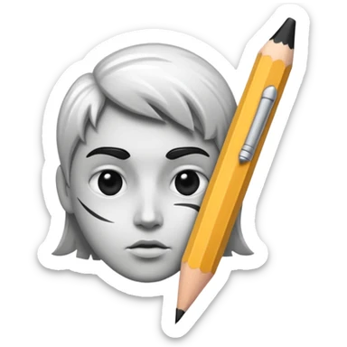 Create a black-and-white icon showing the process of cartooning: a pencil sketching an exaggerated face, with ink pen details and pencil smudges. Use clean lines and shading. Transparent background. sticker