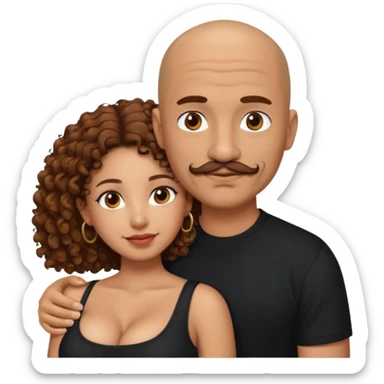 A mixed girl, the girl is wearing a black shirt, the girl has brown curly hair  and the girl has big boobs. A Mexican man is embracing her, with bald hair and a short boxed mustache  sticker