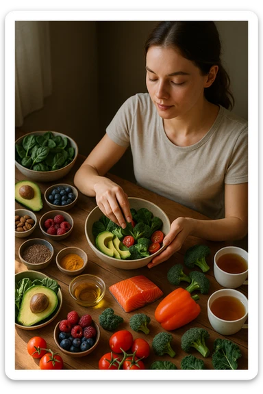 A realistic, cinematic flat-lay image of a clean wooden kitchen table filled with fresh, colorful whole foods known to help reduce androgen excess naturally. The table includes leafy greens like spinach and kale, avocados, berries, colorful vegetables, nuts, seeds (chia and flaxseeds), wild-caught salmon, and herbal teas, carefully arranged in an aesthetically pleasing, organized manner. A small glass bowl with olive oil and another with turmeric powder are included, emphasizing anti-inflammatory properties. In the scene, a young woman with clear, healthy skin and a calm expression is preparing a bowl with these ingredients, symbolizing a hormone-balancing diet. Warm, natural daylight streams in, creating a cozy and inviting atmosphere. The style is hyper-realistic 35mm photography, with vibrant yet soft colors, showcasing textures of the fresh produce and the peaceful vibe of using nutrition to support hormonal balance sticker
