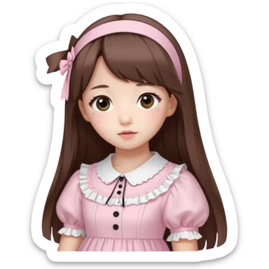 She has fair skin, is Korean, has long straight brown hair, slanted black eyes, with a very Kawaii baby pink lolita dress.  sticker