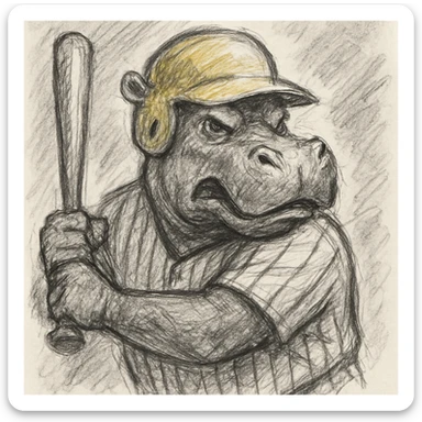 hippo holding a baseball bat, wearing a yellow helmet, pinstripes outfit sticker