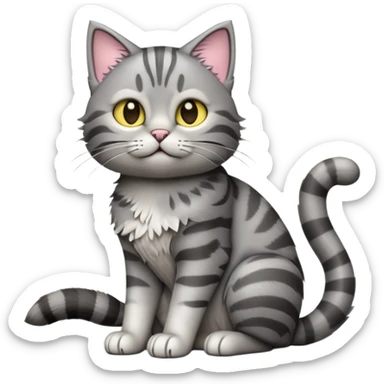 cinematic-[grey tabby cat]-realistic-full-body-sitting-emoji,-tail-curled-playfully-around-its-paws,-head-tilted-dramatically,-scruffy-[grey]-fur,-simplified-yet-realistic-focused-features,-highly-detailed,-glowing-with-an-almost-sarcastic-glow sticker