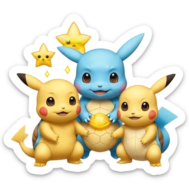  Pikachu has a light to share, but Squirtle has none. Pikachu sees this is unfair, so he shares the light with Squirtle. They smile and eat together. Show this as a cute Pokémon emoji scene about justice and fairness.

 sticker