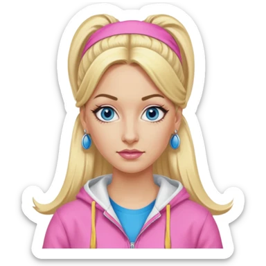 Me Julie from Ali G Indahouse with blue eyes, blonde long ponytail hair, pink outfit sticker