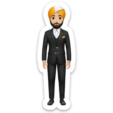 Sikh man with turban styled in a premium black coat pant suit with sticker