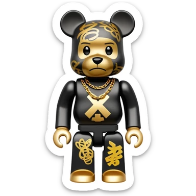 hustler bearbrick toy figure with graffiti print, X symbols instead of eyes, gold chain and money sticker