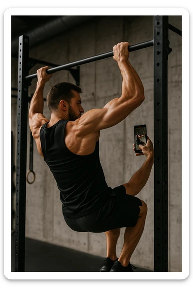 uomo che fa Muscle up e si sta filmando di lato con il telefonino che lo riprende mentre si allena, così da analizzarsi dopo sticker