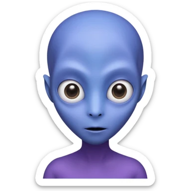 Portrait of an alien with smooth purple-blue skin, large black oval eyes, small nose, and no visible ears, elongated head, front-facing, wearing brown t-shirt, soft glow, simple futuristic design sticker
