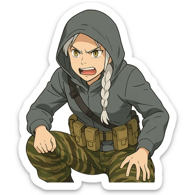 1 female, mid-20's  white hair long braid, gold yellow eyes, gray waterproof tactical shirt hoodie, hood up, single point sling, tan mag pouches on belt rig, tiger stripe camo pants, crouching, angry expression sticker