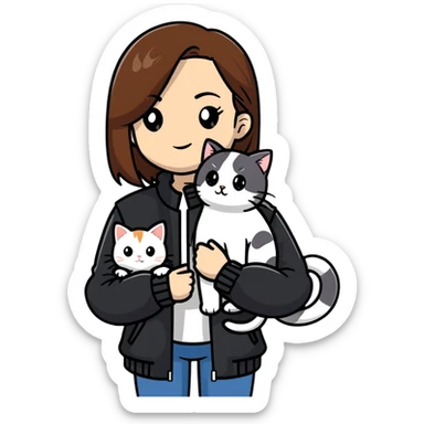 Light-skinned girl with brown straight hair wearing a black jacket, along with one pure white cat and one calico cat sticker